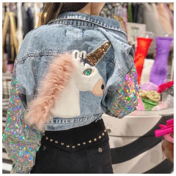 Jackets Coats Faux Fur Unicorn Sequin Denim Crop Jacket I Wore